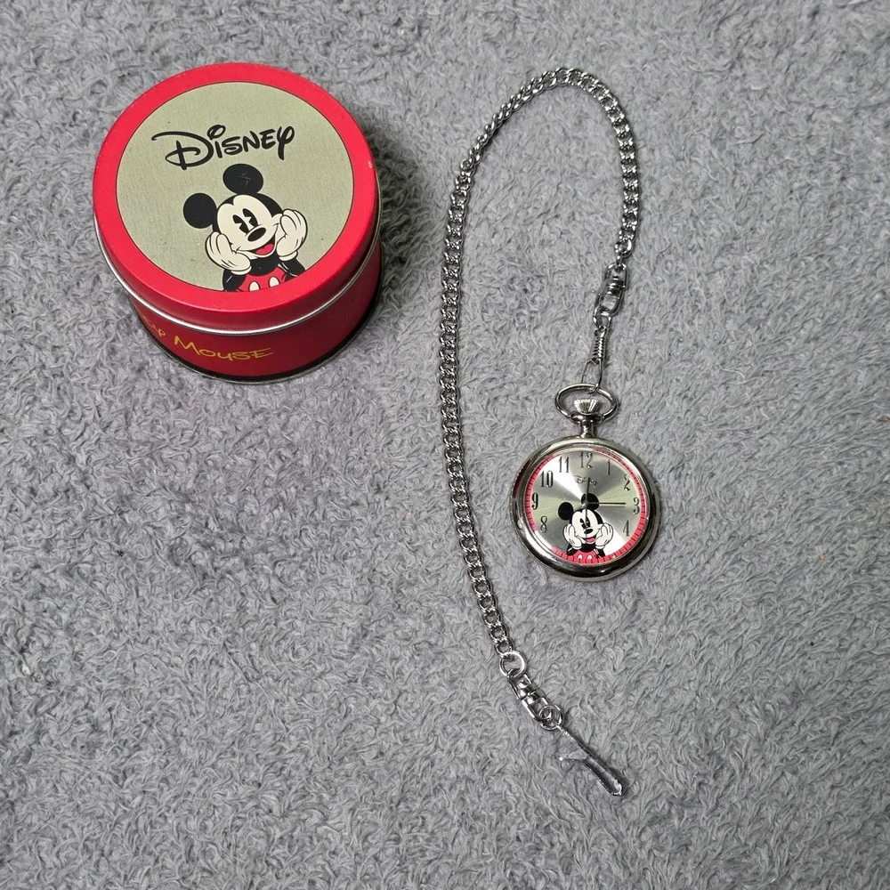 Disney Pocket Watch Silver Mickey Mouse Embossed Case with Chain Tin